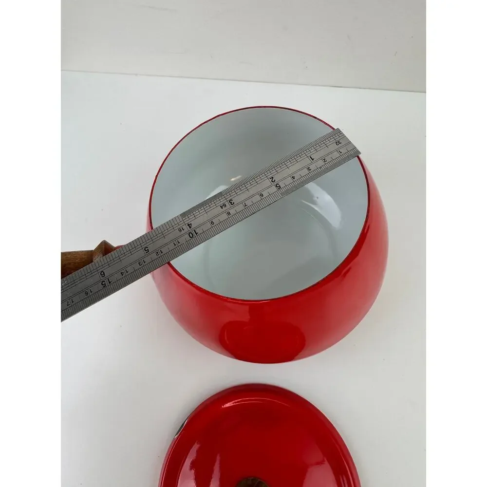 Vintage Styson Bright Red Enamel Fondue Pot Aluminum Wooden Single Handle Lid